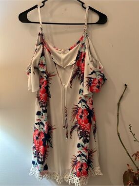 Jolt White Floral Cold-Shoulder Swim Coverup with Red & Navy Print